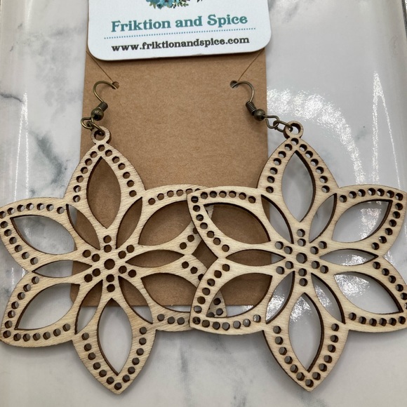 Textured Wood Dangle Earrings. - Picture 3 of 5